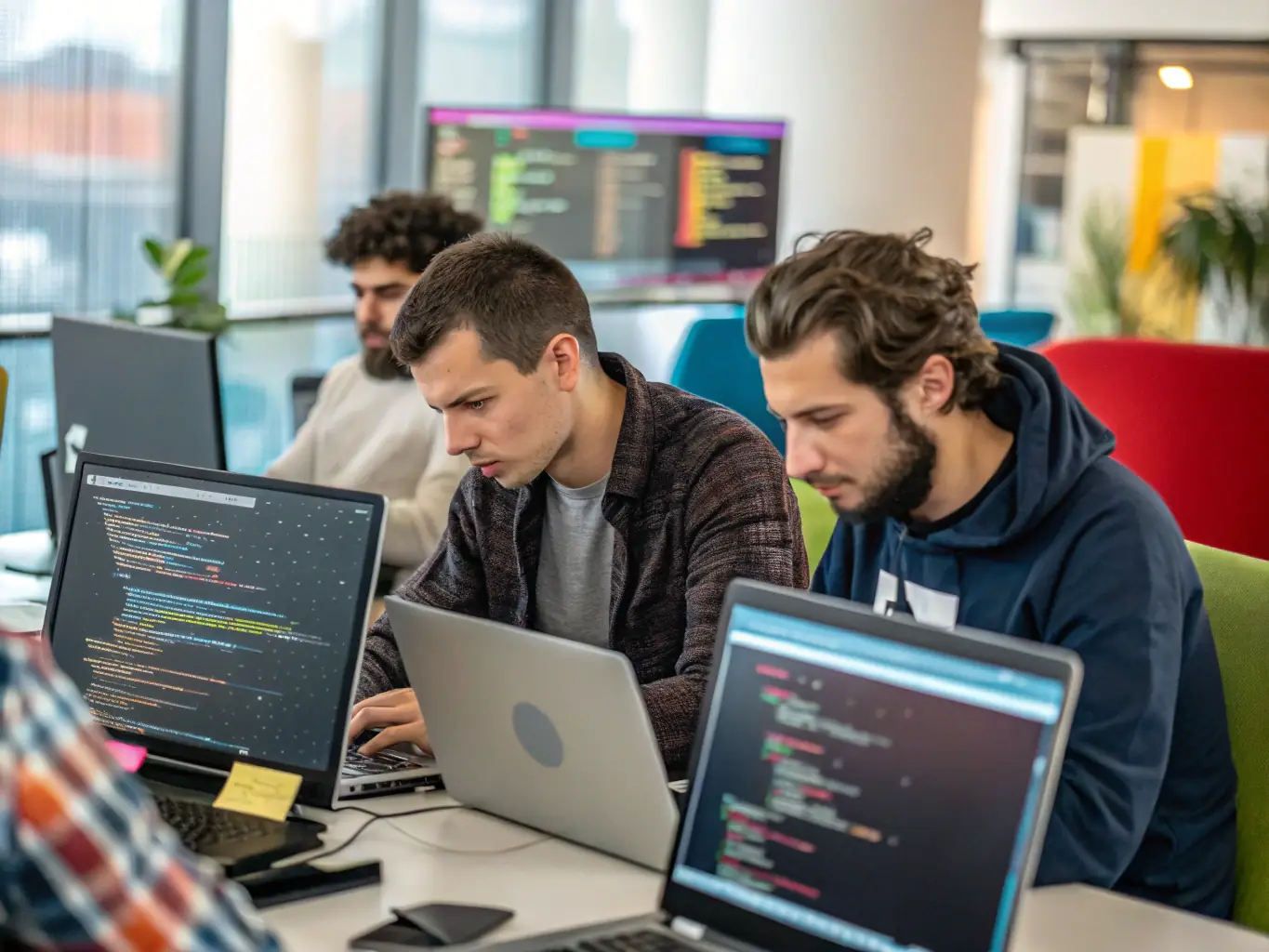 An image of programmers collaborating on coding a software application, showcasing system development and integration.