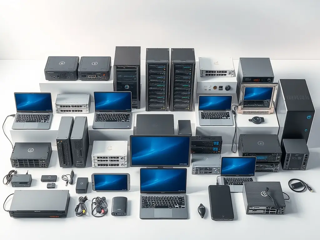An image displaying a variety of IT equipment, including servers, networking devices, and computers, representing IT equipment sales and rental.